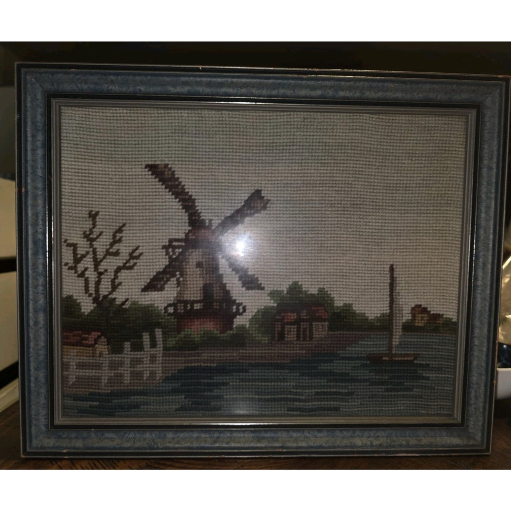 Vintage Needlepoint Framed Art Windmill Scene Dutch
