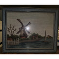 Vintage Needlepoint Framed Art Windmill Scene Dutch