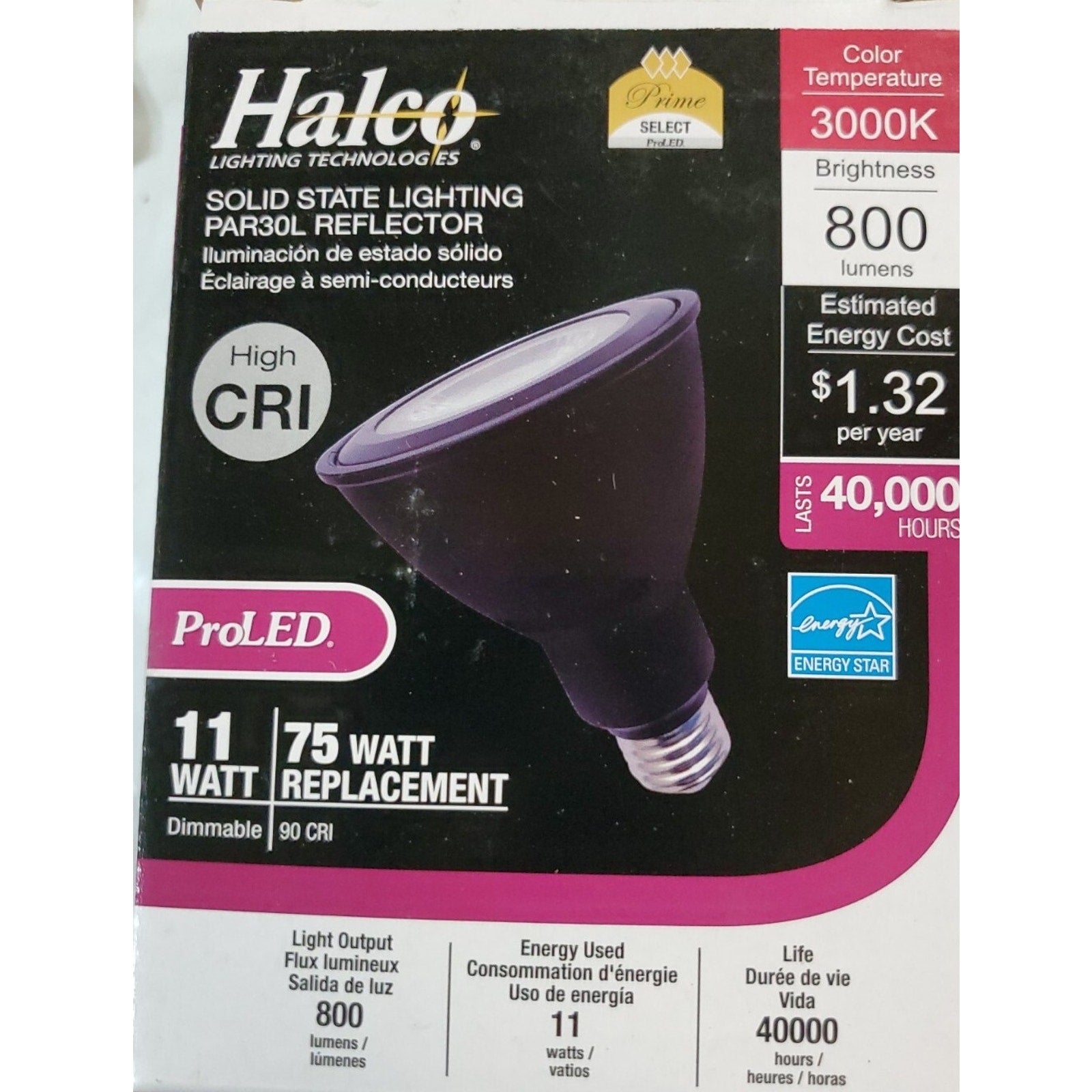 6 ct pack - LED Flood : Halco ProLED Par30L 75 Watt Dimmable Model # 83103