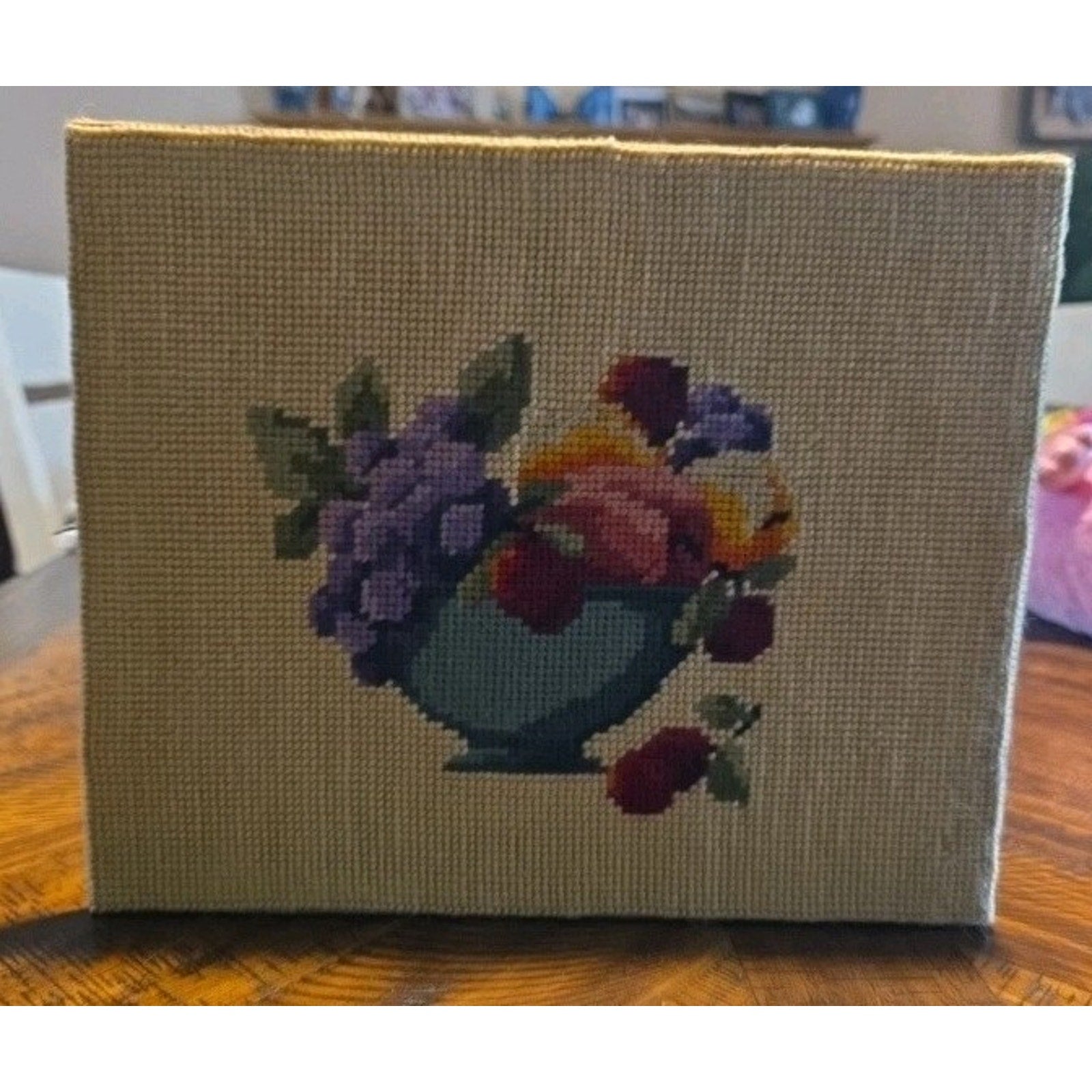 Vtg Needlepoint Fruit Bowl Floral Still Life Finished Hand Embroidered UNFRAMED