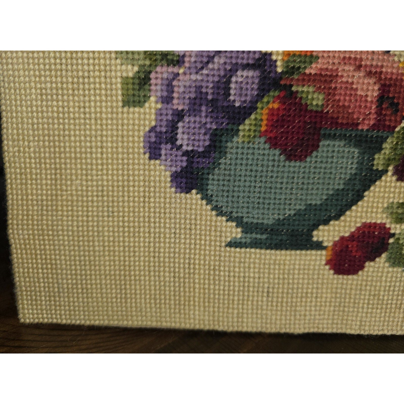 Vtg Needlepoint Fruit Bowl Floral Still Life Finished Hand Embroidered UNFRAMED