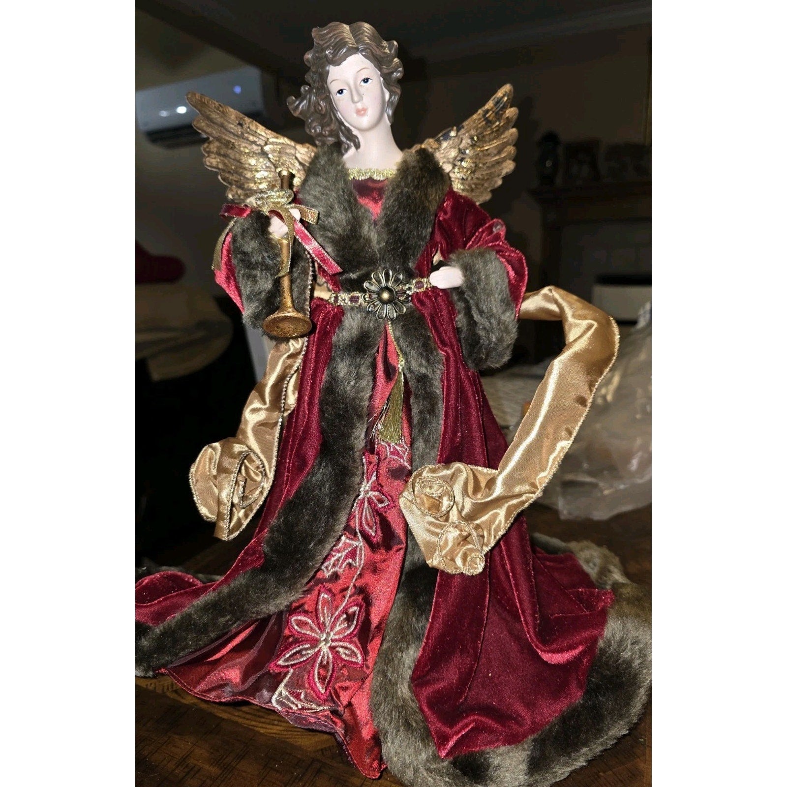 Vintage Christmas Angel Tree Topper 16" Burgundy Velvet Gold Lace Horn Trumpet