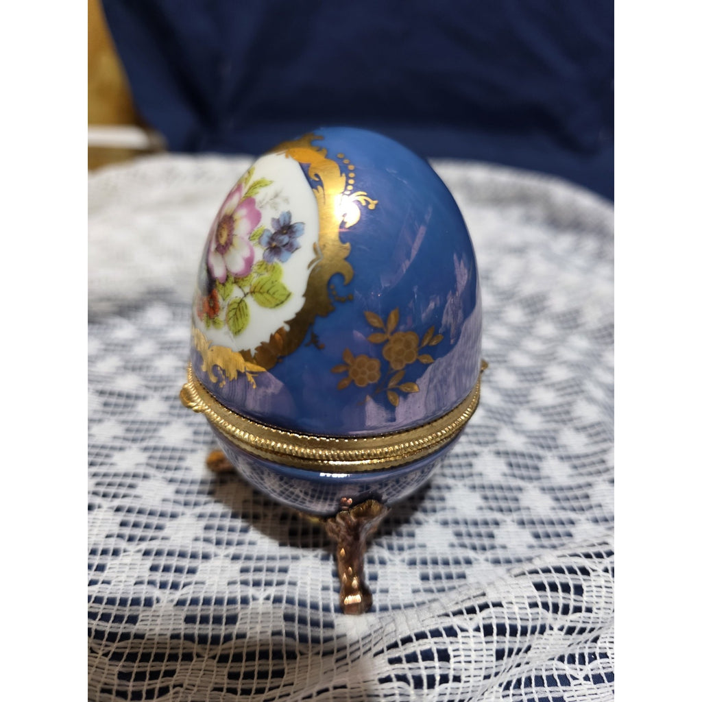 Vintage Cobalt Blue Egg Music Box Gold Tone Trim Hand Painted Footed