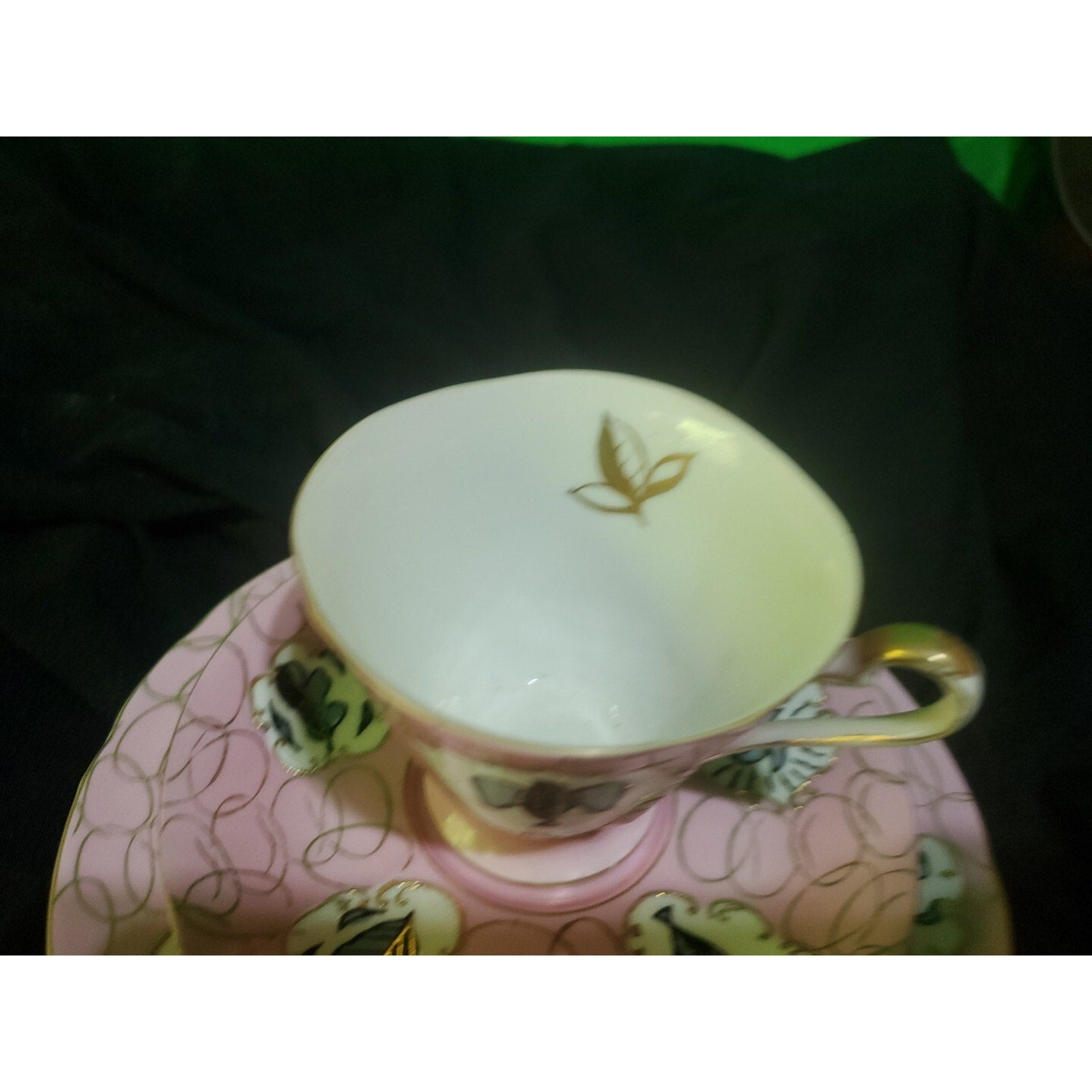Vintage Rare Norcrest China Dove Fish Teacup W/ 2 Saucers Set Pink Leaf