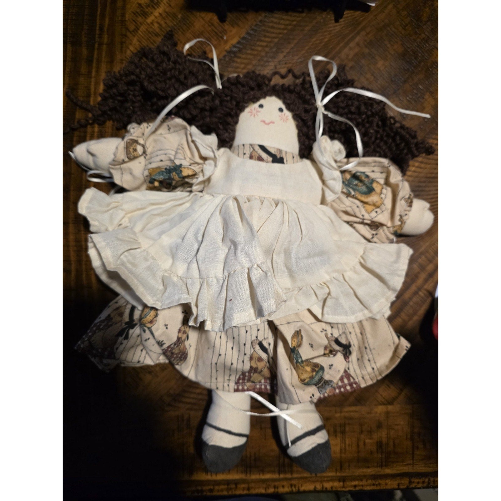 Vintage Handmade 14" Fabric Rag Doll With Long Brown Yarn Hair