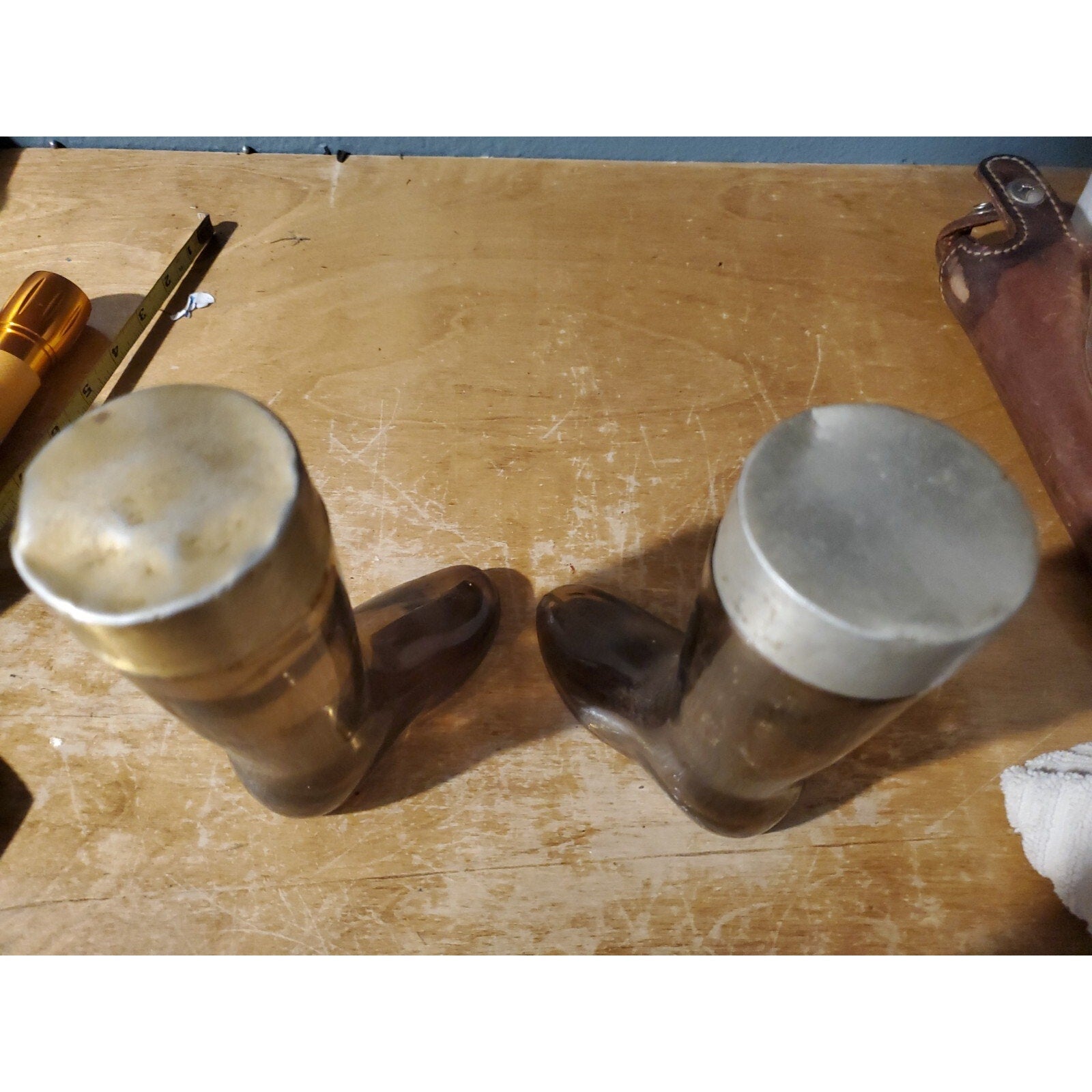 Vintage Pair of Avon Boot Leather Cologne Amber Glass Bottle (read description)