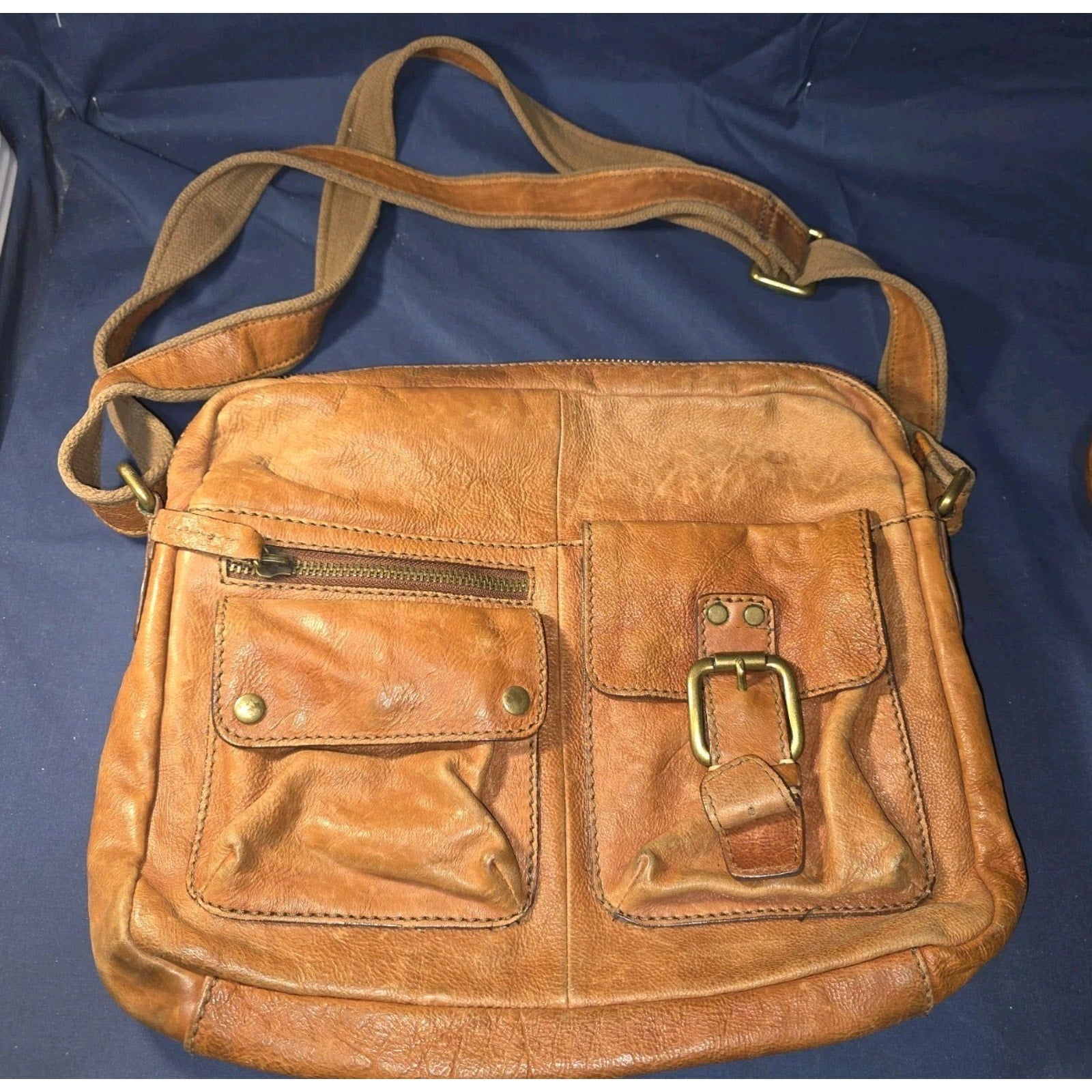 Fossil Explorer Leather Messenger Bag Tan Cognac Crossbody Laptop Travel Pockets