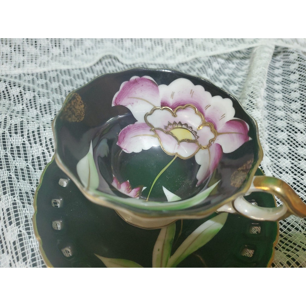 Vintage Wales Black Pink Orchid Pearlized Footed Teacup & Saucer Japan