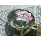 Vintage Wales Black Pink Orchid Pearlized Footed Teacup & Saucer Japan