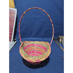 Vintage Large Easter Basket Handle Weaved Wicker Mexico Hand Woven Pink Green