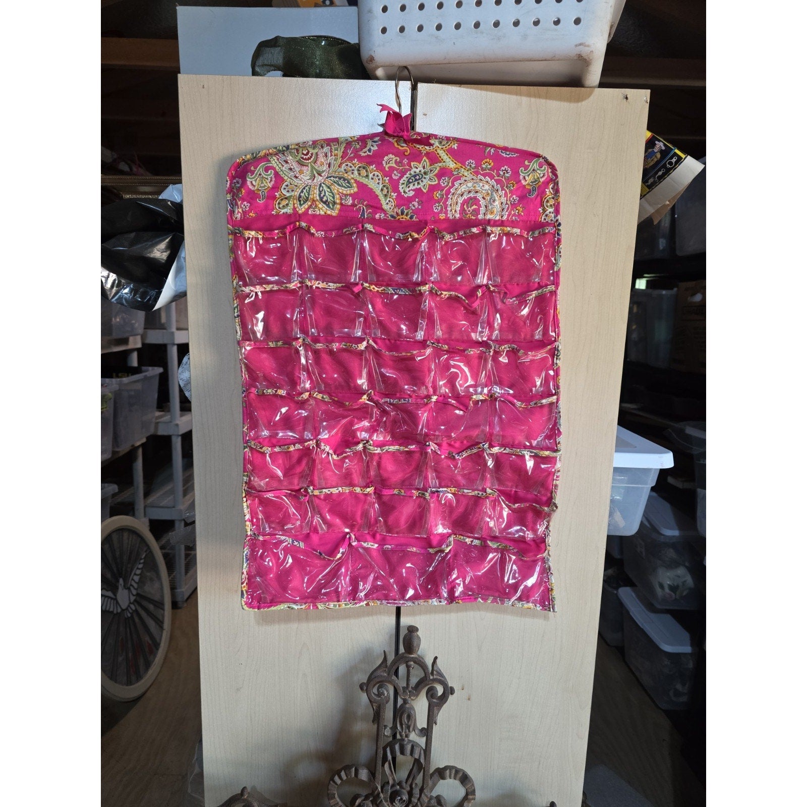 Vintage Hanging Jewelry Organizer Double Sized Wooden Hanger Lots Of Pockets
