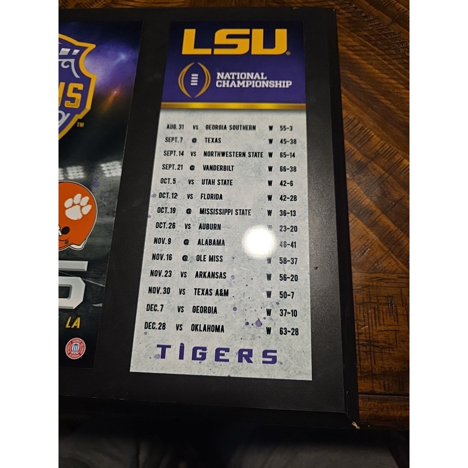LSU 2019 National Champions Plaque - 15-0 Undefeated Season Schedule