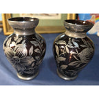 Amethyst Glass Vases Silver Overlay Floral Design Art Deco Set of 2 4.25" EUC