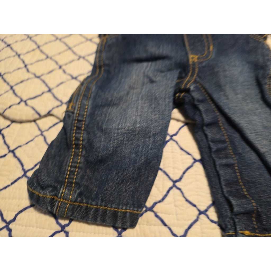 Carters 3M Boys Blue & Gold Checkered Plaid Black Denim Overalls