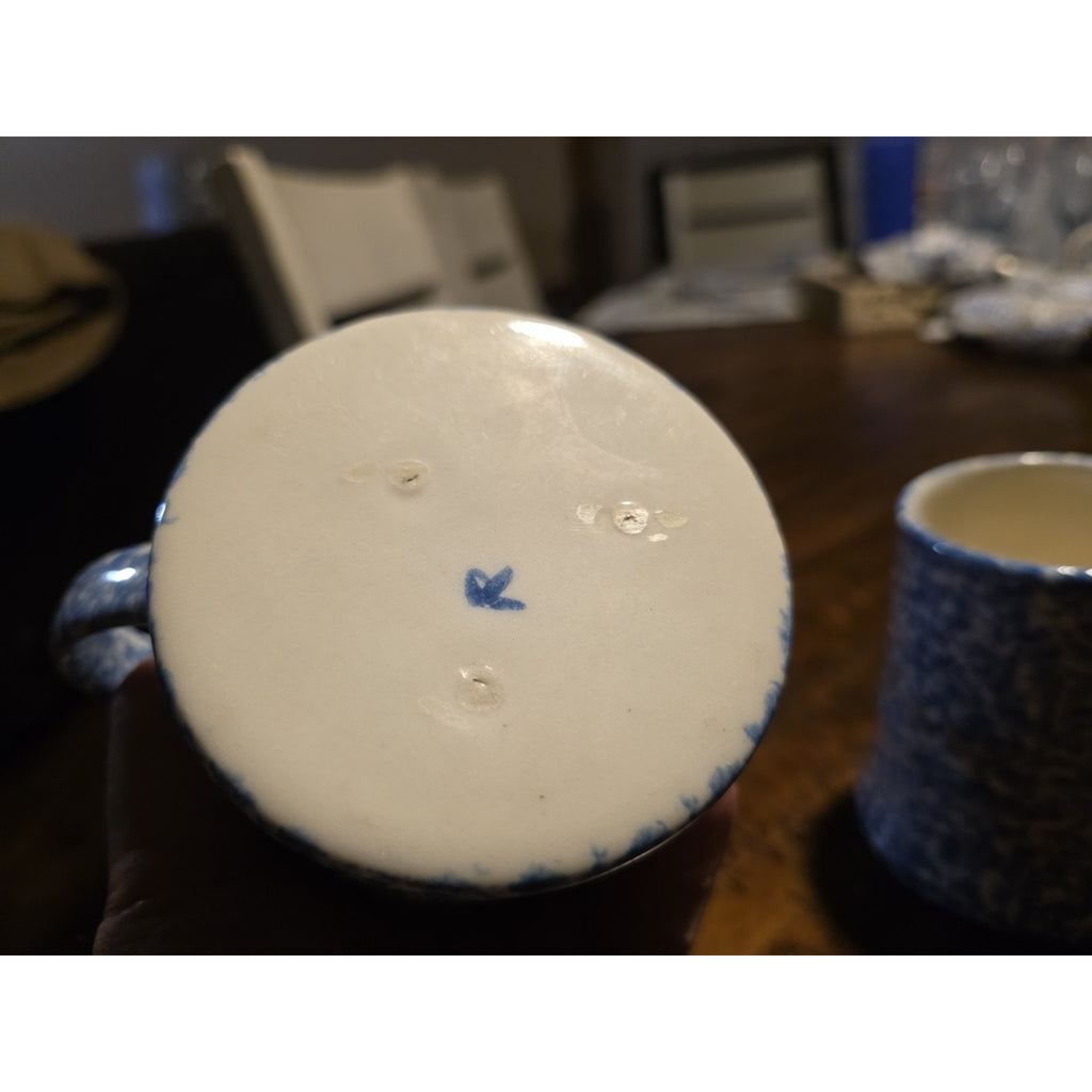 Vintage Pair Blue Spongeware Bamboo Handle Coffee Mug Stoneware Bird Maker Mark