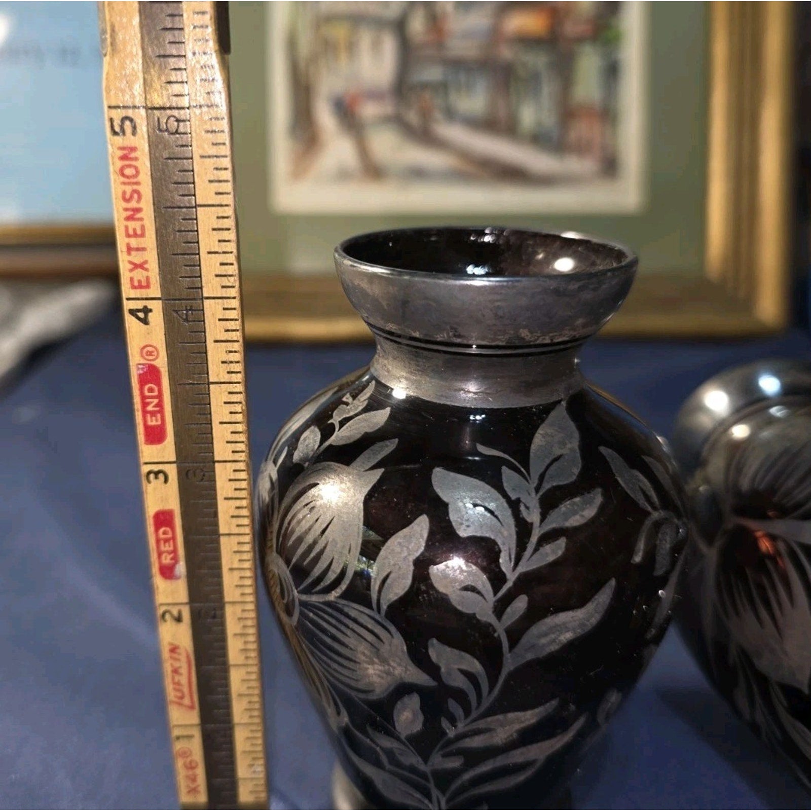 Amethyst Glass Vases Silver Overlay Floral Design Art Deco Set of 2 4.25" EUC