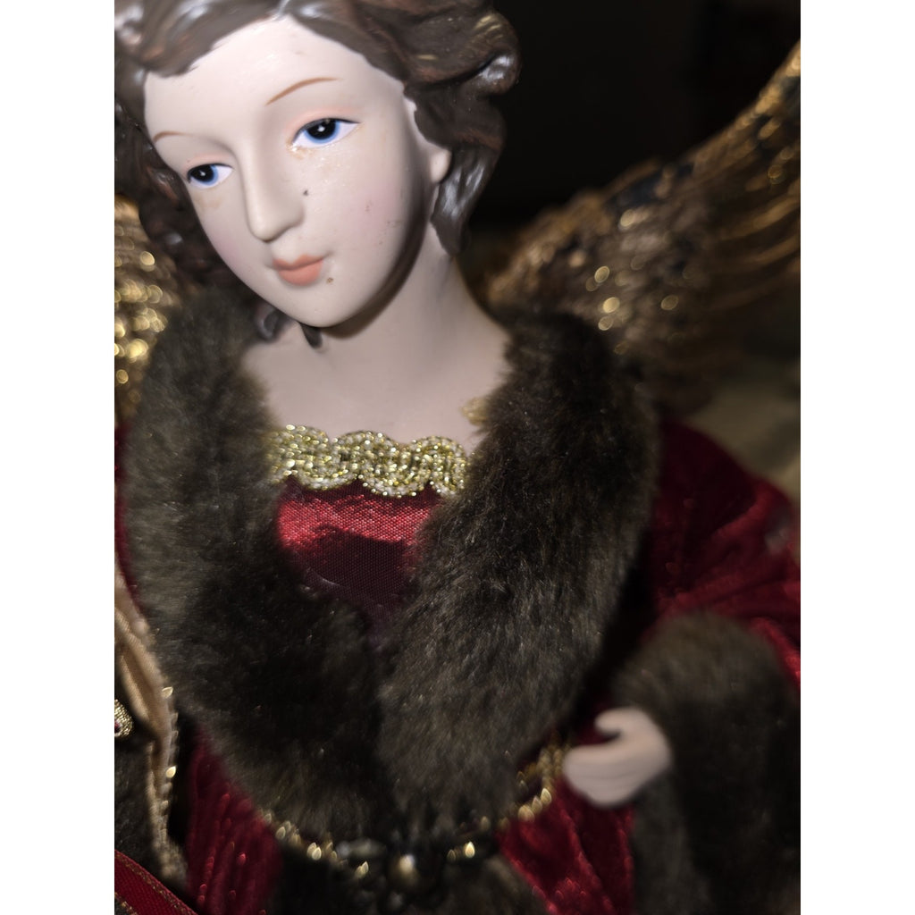 Vintage Christmas Angel Tree Topper 16" Burgundy Velvet Gold Lace Horn Trumpet