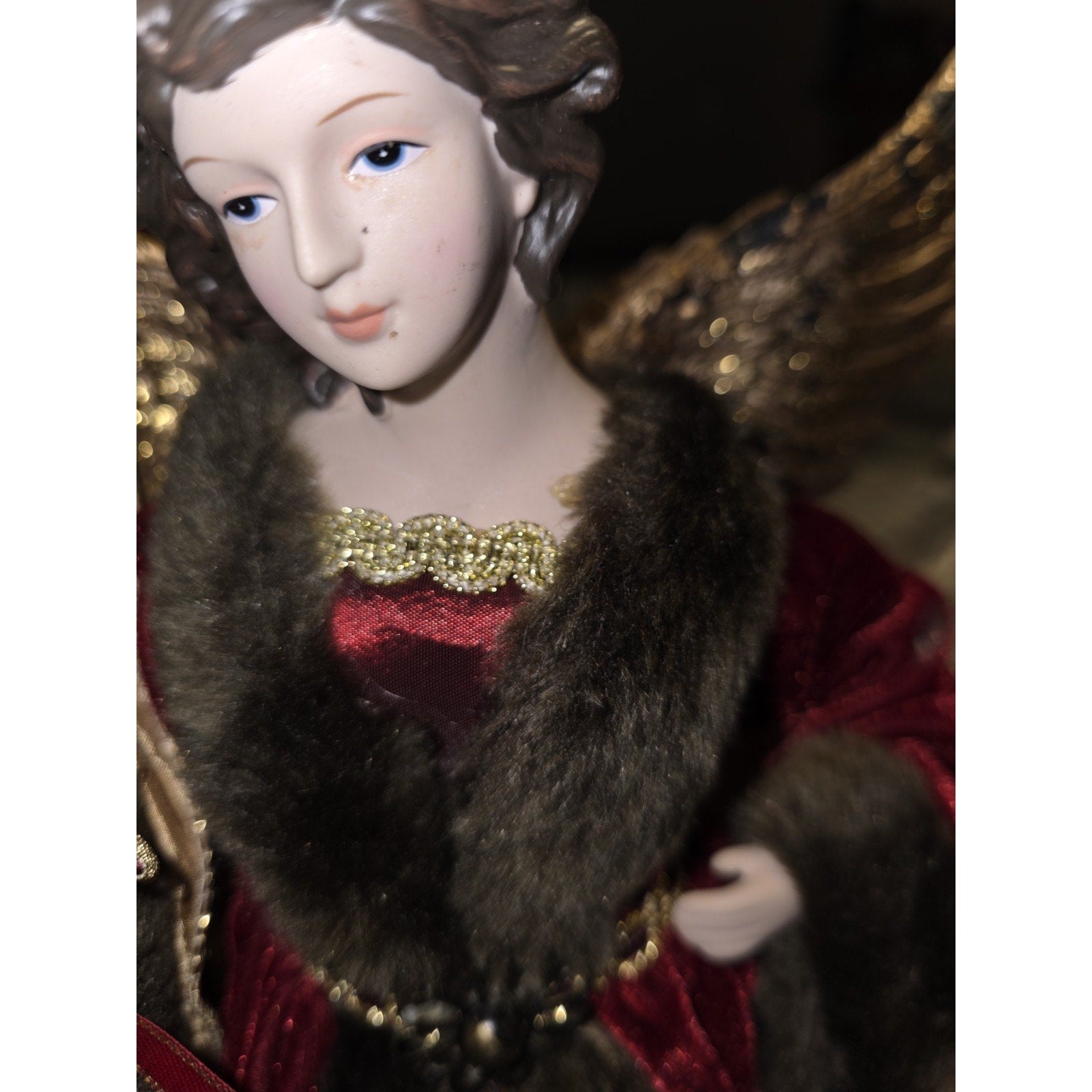 Vintage Christmas Angel Tree Topper 16" Burgundy Velvet Gold Lace Horn Trumpet