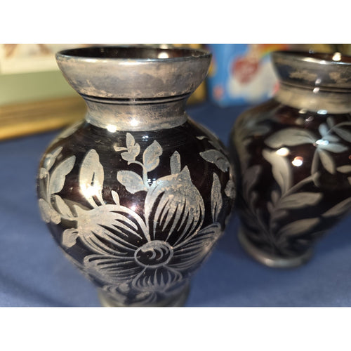 Amethyst Glass Vases Silver Overlay Floral Design Art Deco Set of 2 4.25" EUC