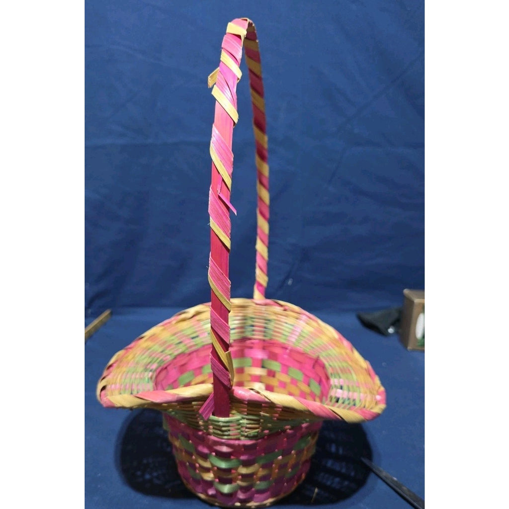 Vintage Large Easter Basket Handle Weaved Wicker Mexico Hand Woven Pink Green