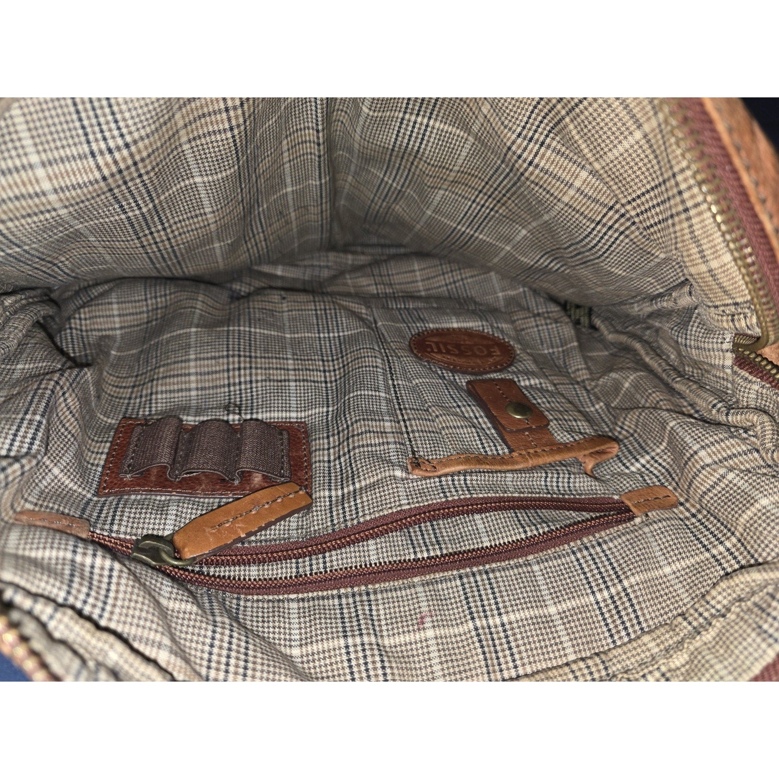 Fossil Explorer Leather Messenger Bag Tan Cognac Crossbody Laptop Travel Pockets