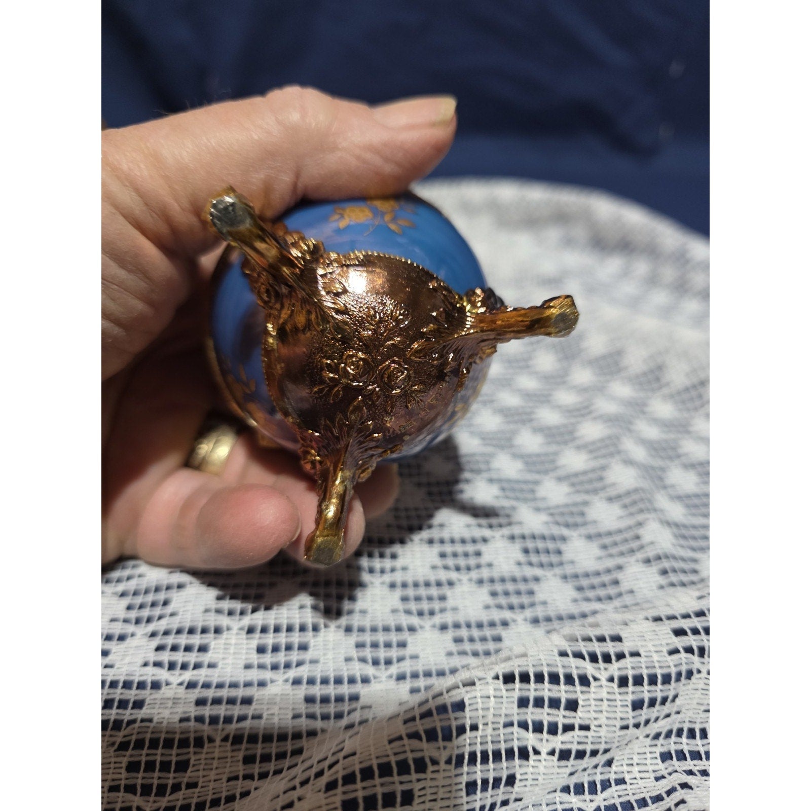 Vintage Cobalt Blue Egg Music Box Gold Tone Trim Hand Painted Footed
