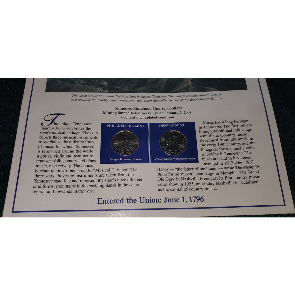 Tennessee Uncirculated Quarters Stamps Collection Card The Volunteer State 1796