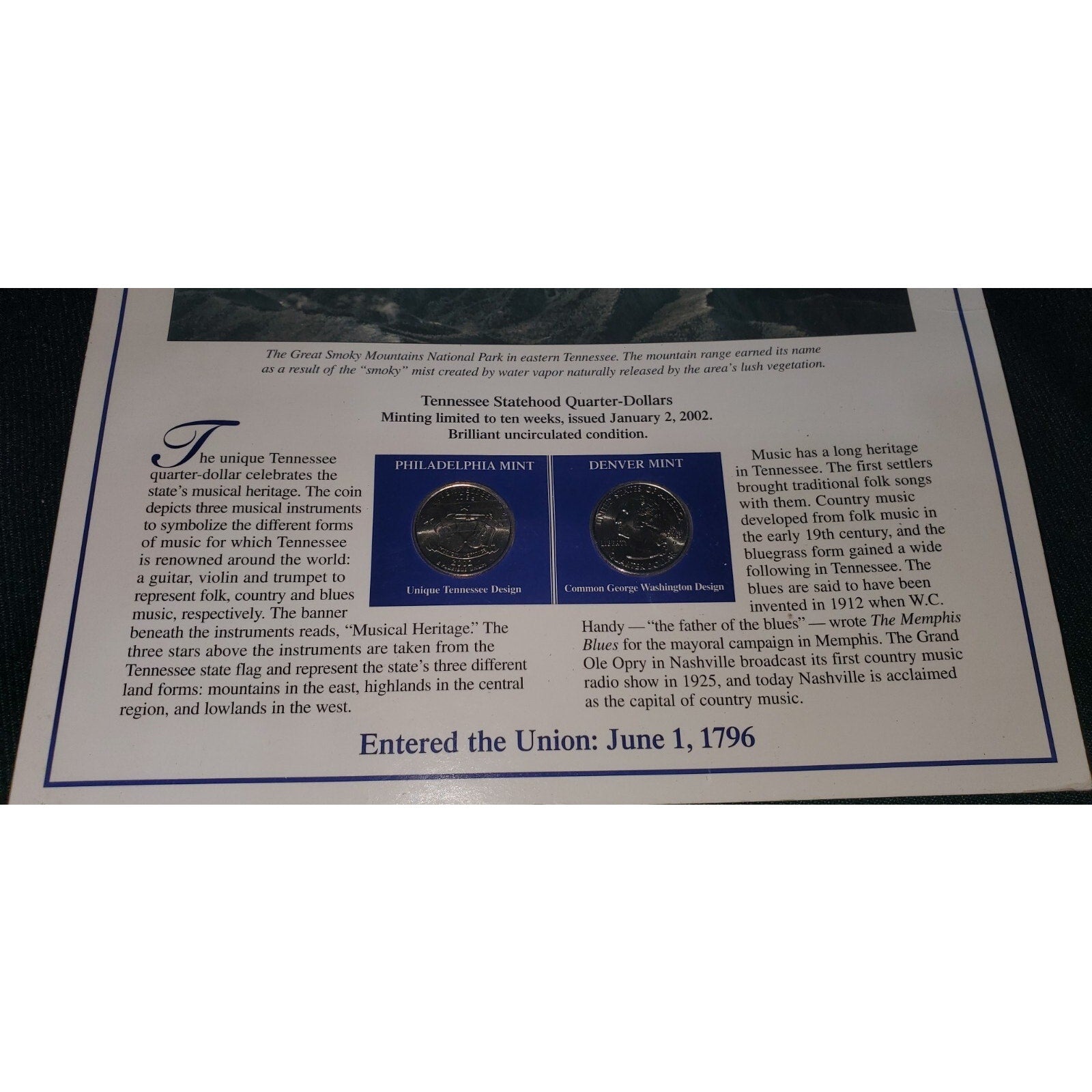 Tennessee Uncirculated Quarters Stamps Collection Card The Volunteer State 1796