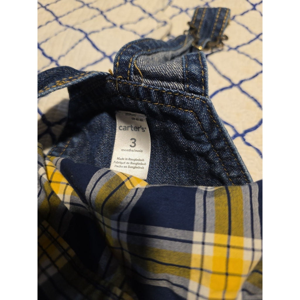 Carters 3M Boys Blue & Gold Checkered Plaid Black Denim Overalls