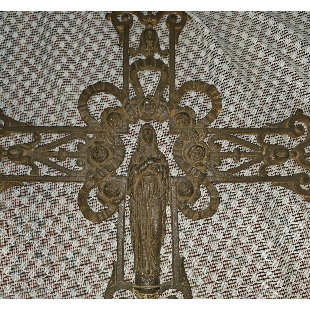 Antique French Style Cast Iron Cross Virgin Mary Lg Ornate Garden Church 42"X25"
