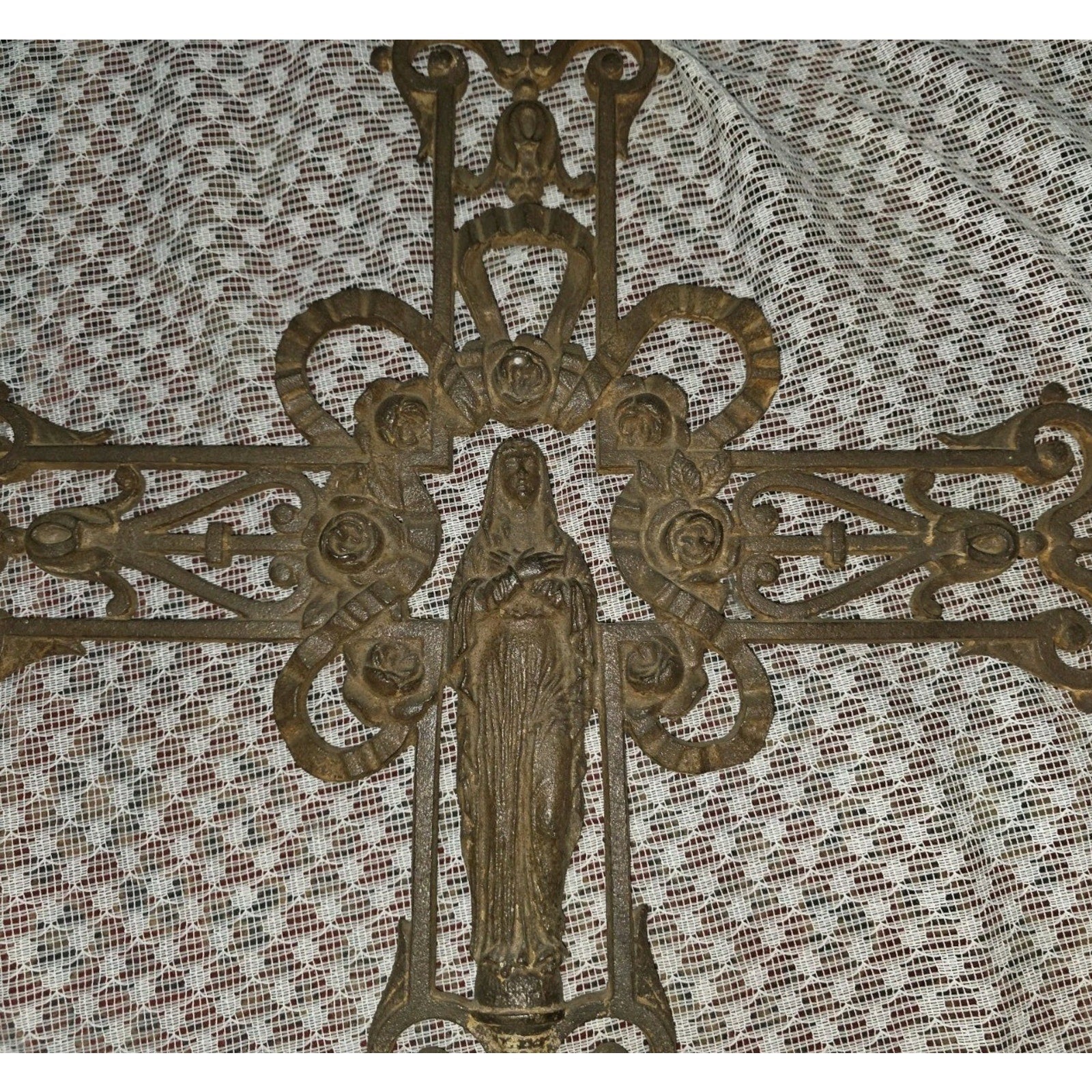 Antique French Style Cast Iron Cross Virgin Mary Lg Ornate Garden Church 42"X25"