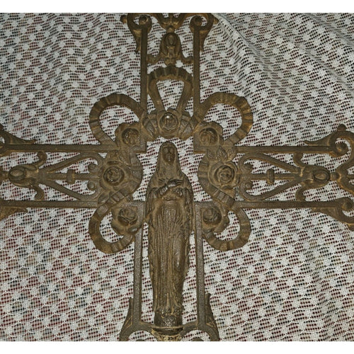 Antique French Style Cast Iron Cross Virgin Mary Lg Ornate Garden Church 42"X25"