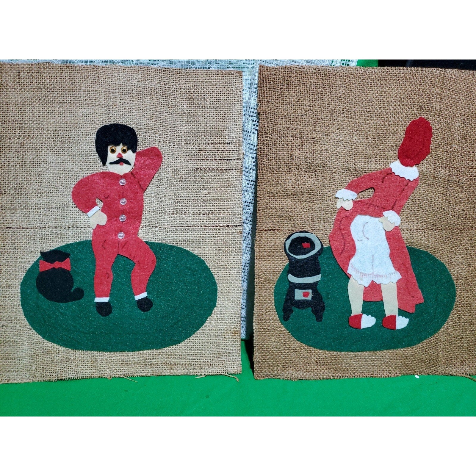Original Art: Vintage Collage on burlap w/ felt Christmas art his & hers 11"X14