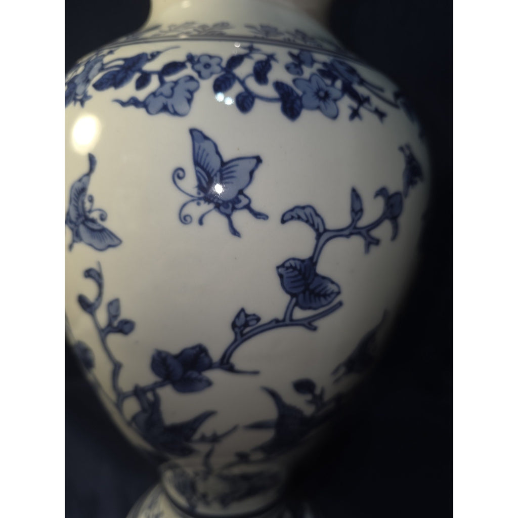 Chinese Blue White Vase Dechang Chinoiserie Porcelain Butterflies Birds 14"