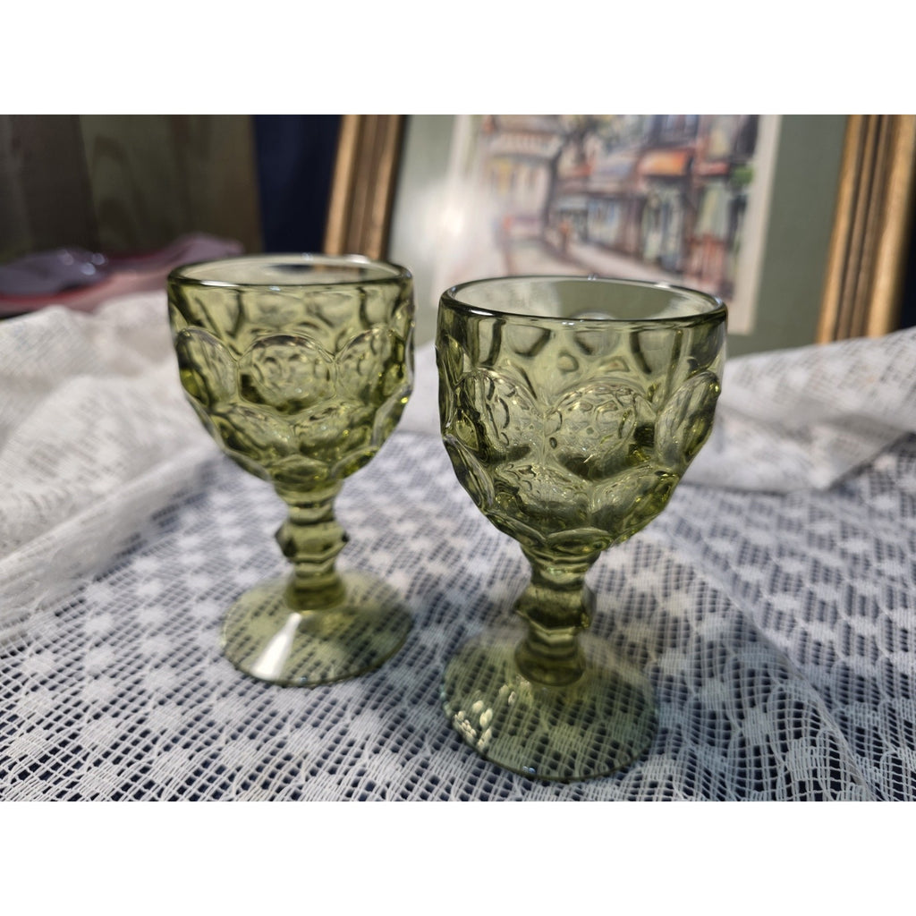 Vintage Imperial Glass Provincial Green Thumbprint Water Goblet Set of 2