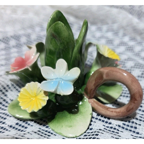 Capodimonte Italian Floral Porcelain Candle Holder Multicolored Roses Vintage