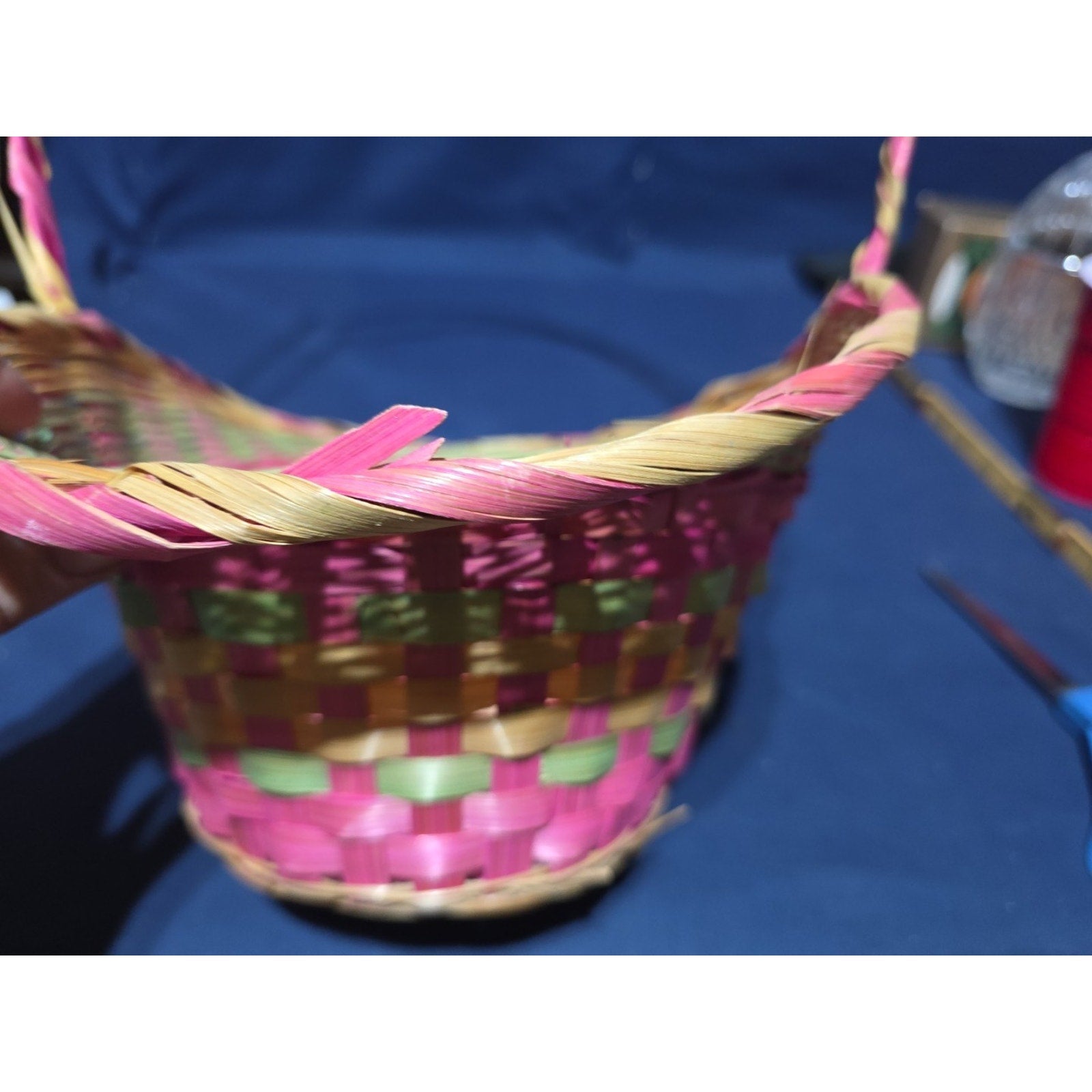 Vintage Large Easter Basket Handle Weaved Wicker Mexico Hand Woven Pink Green