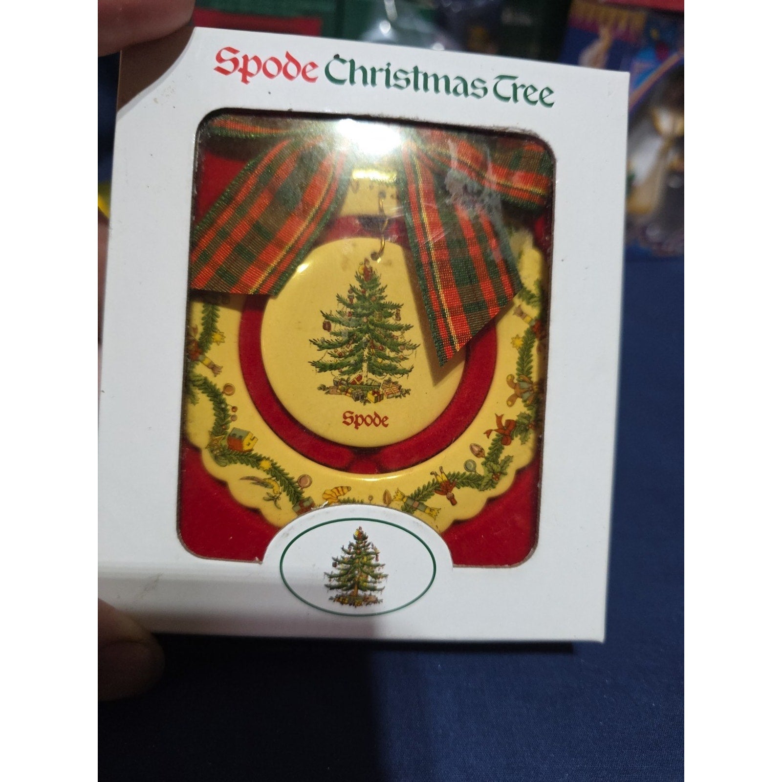 Spode Vintage Round Christmas Tree Porcelain Ornament 2000 Plaid Bow In Box