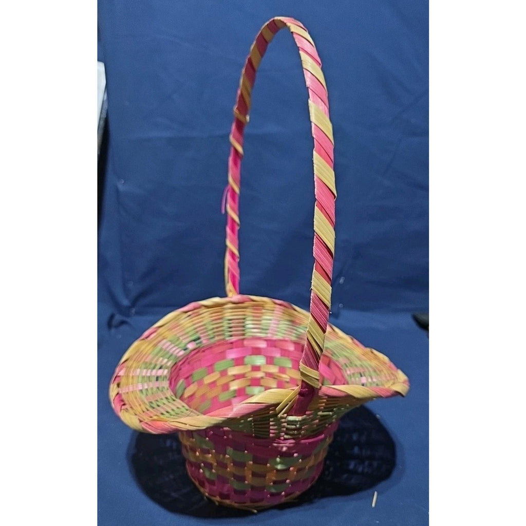 Vintage Large Easter Basket Handle Weaved Wicker Mexico Hand Woven Pink Green