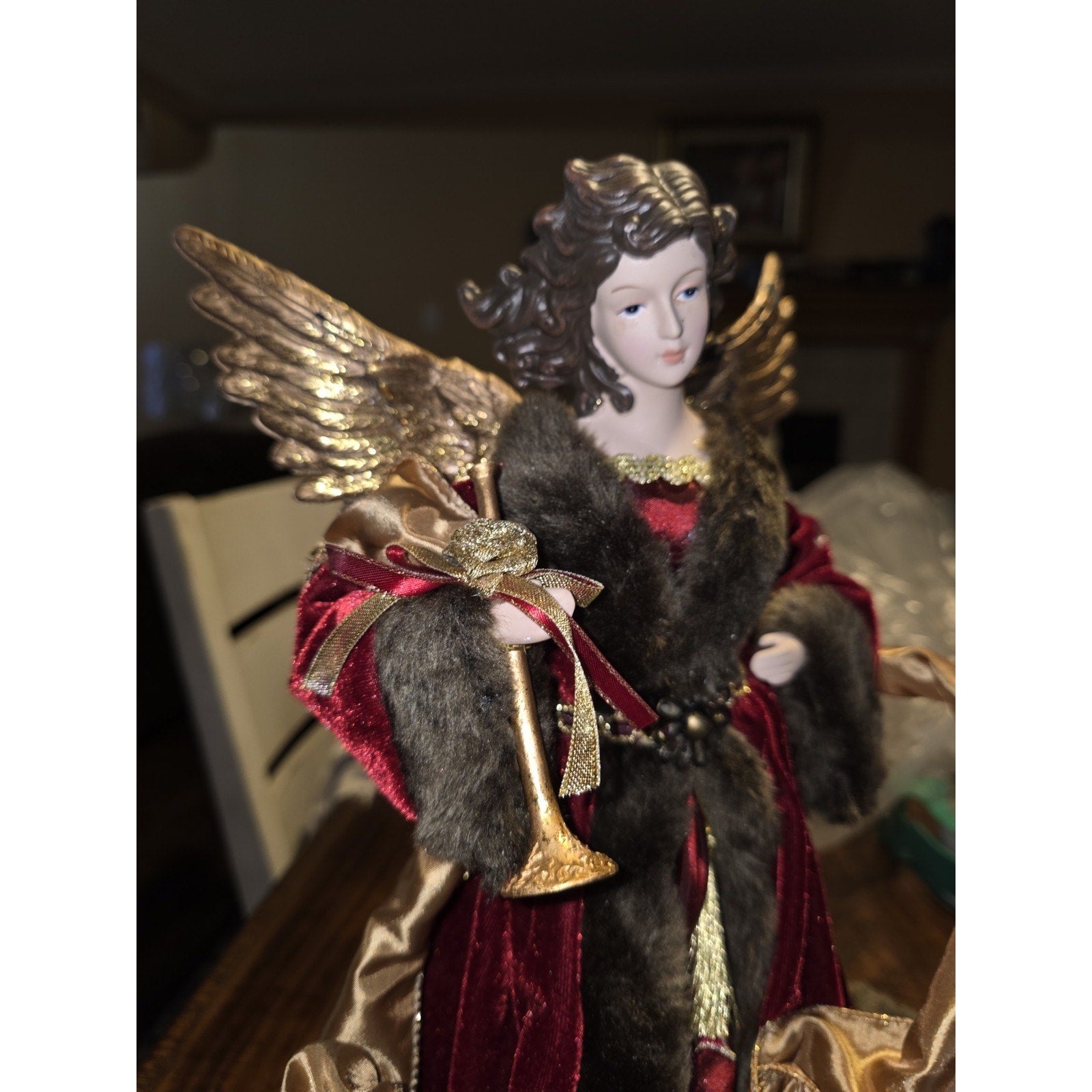 Vintage Christmas Angel Tree Topper 16" Burgundy Velvet Gold Lace Horn Trumpet