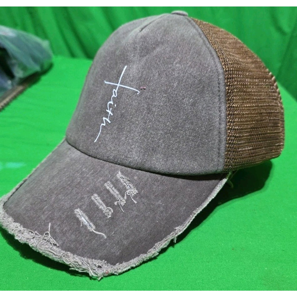 Distressed Faith Trucker Hat Baseball Cap Mesh Back Denim Christian USA