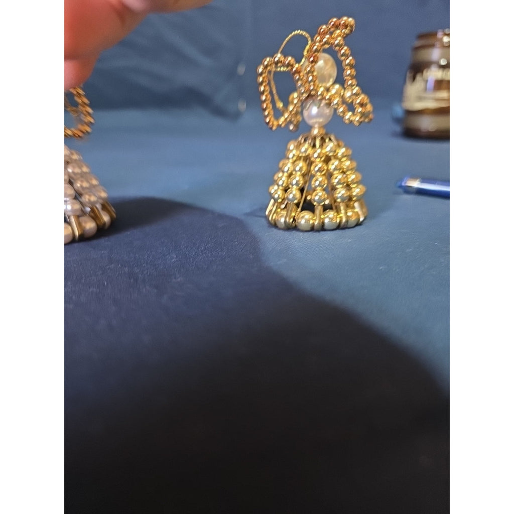 Vtg Set of 3 Beaded Safety Pin Art Angel Ornament Gold Handmade Christmas Decor