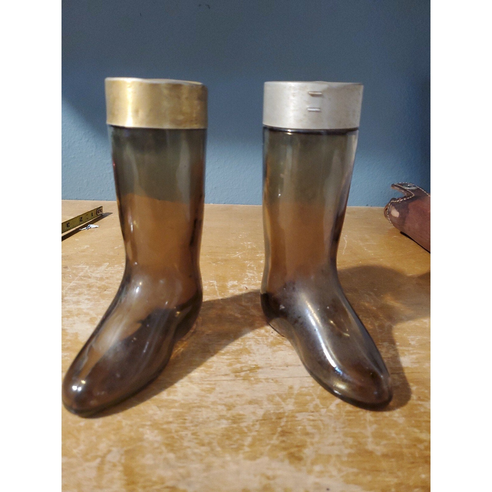 Vintage Pair of Avon Boot Leather Cologne Amber Glass Bottle (read description)