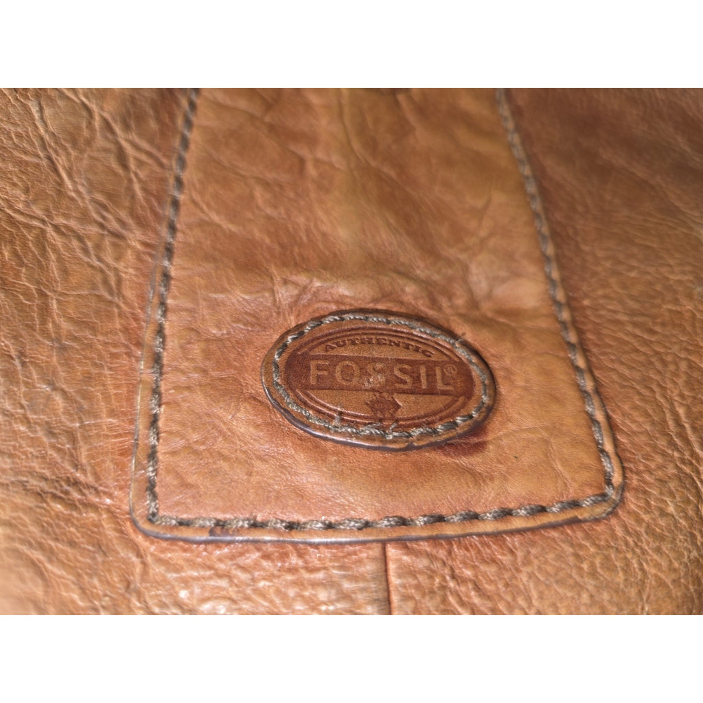 Fossil Explorer Leather Messenger Bag Tan Cognac Crossbody Laptop Travel Pockets