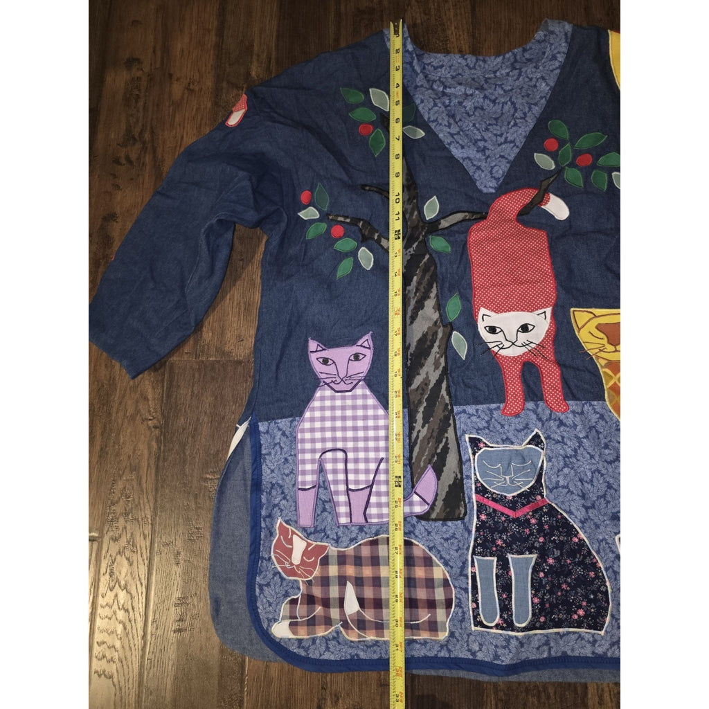 Vintage 70-80s Cat Patchwork Smock Top - XL - Boho Lagenlook Pullover