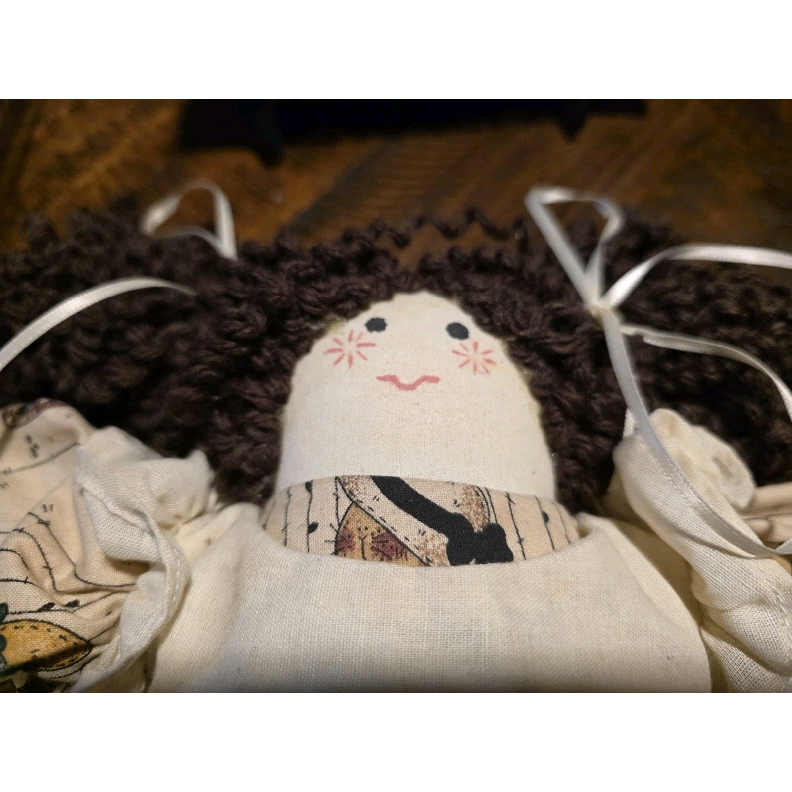 Vintage Handmade 14" Fabric Rag Doll With Long Brown Yarn Hair