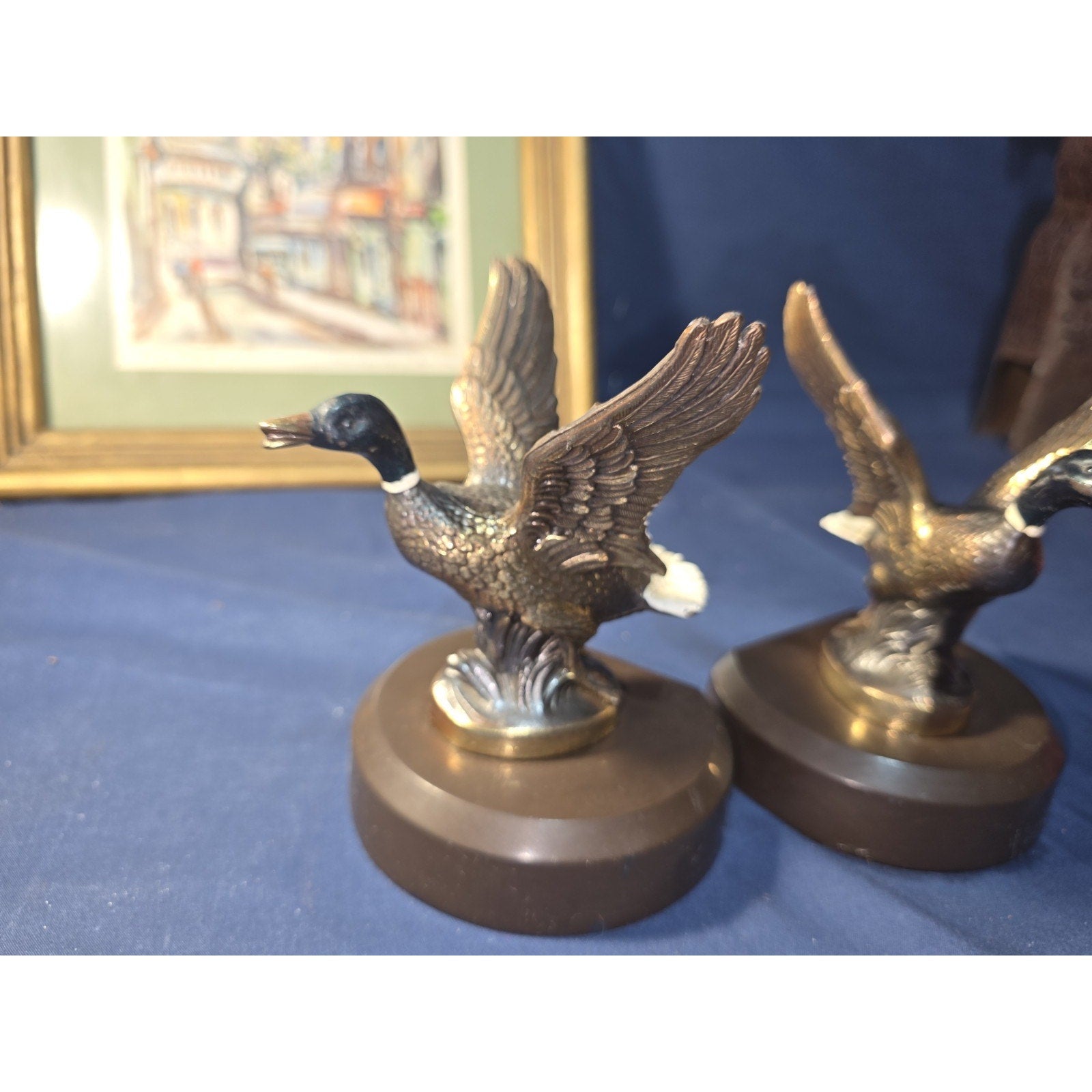 Vintage Solid Brass Mallard Duck Bookends Pair MCM Heavy Flying Waterfowl Decor