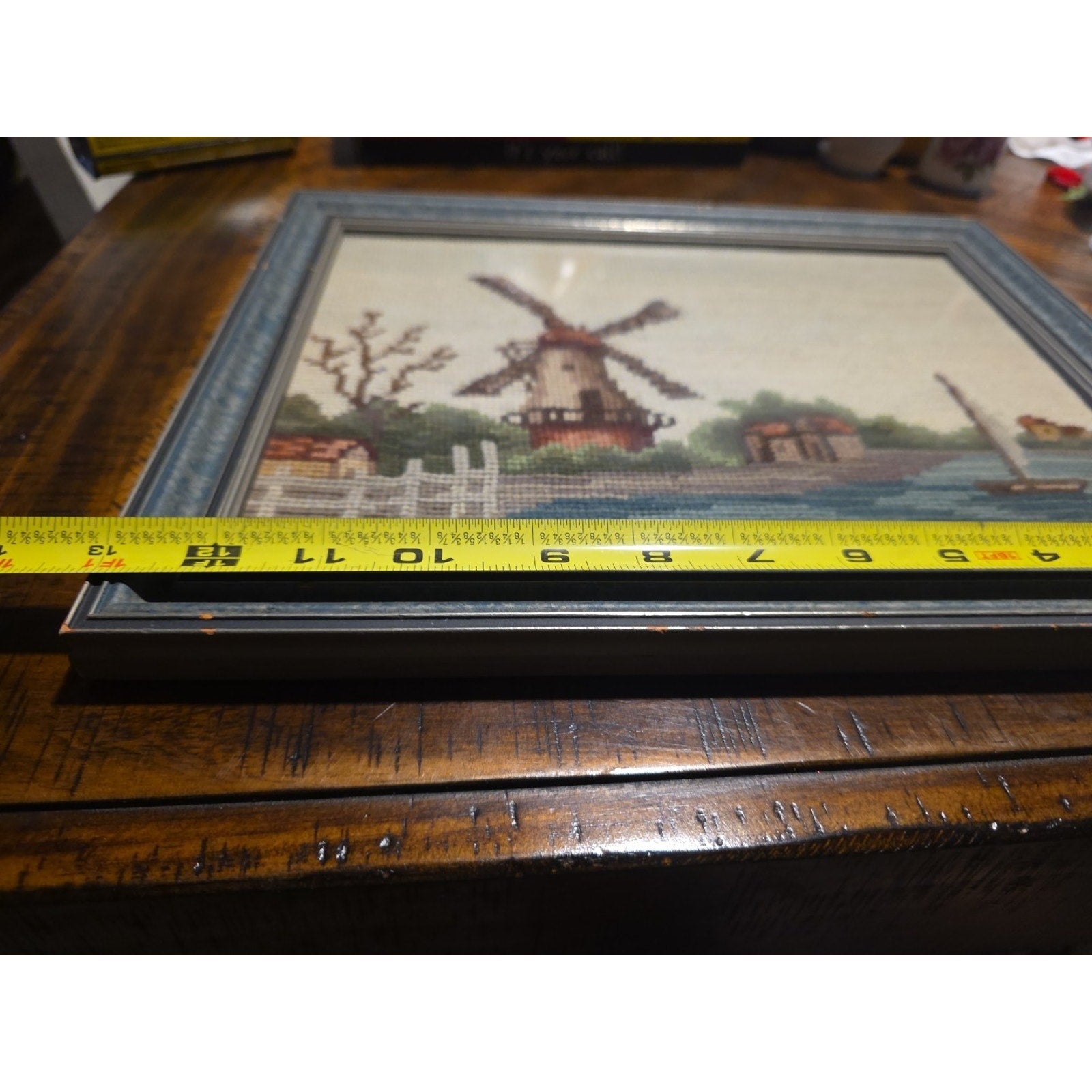 Vintage Needlepoint Framed Art Windmill Scene Dutch