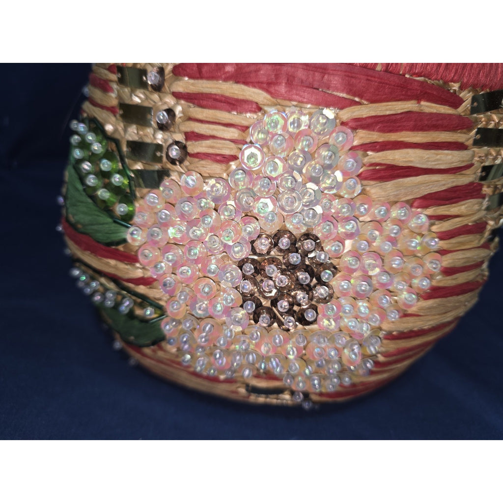 Vintage Boho Woven Straw Mini Handbag – Floral Sequin & Bead Accents