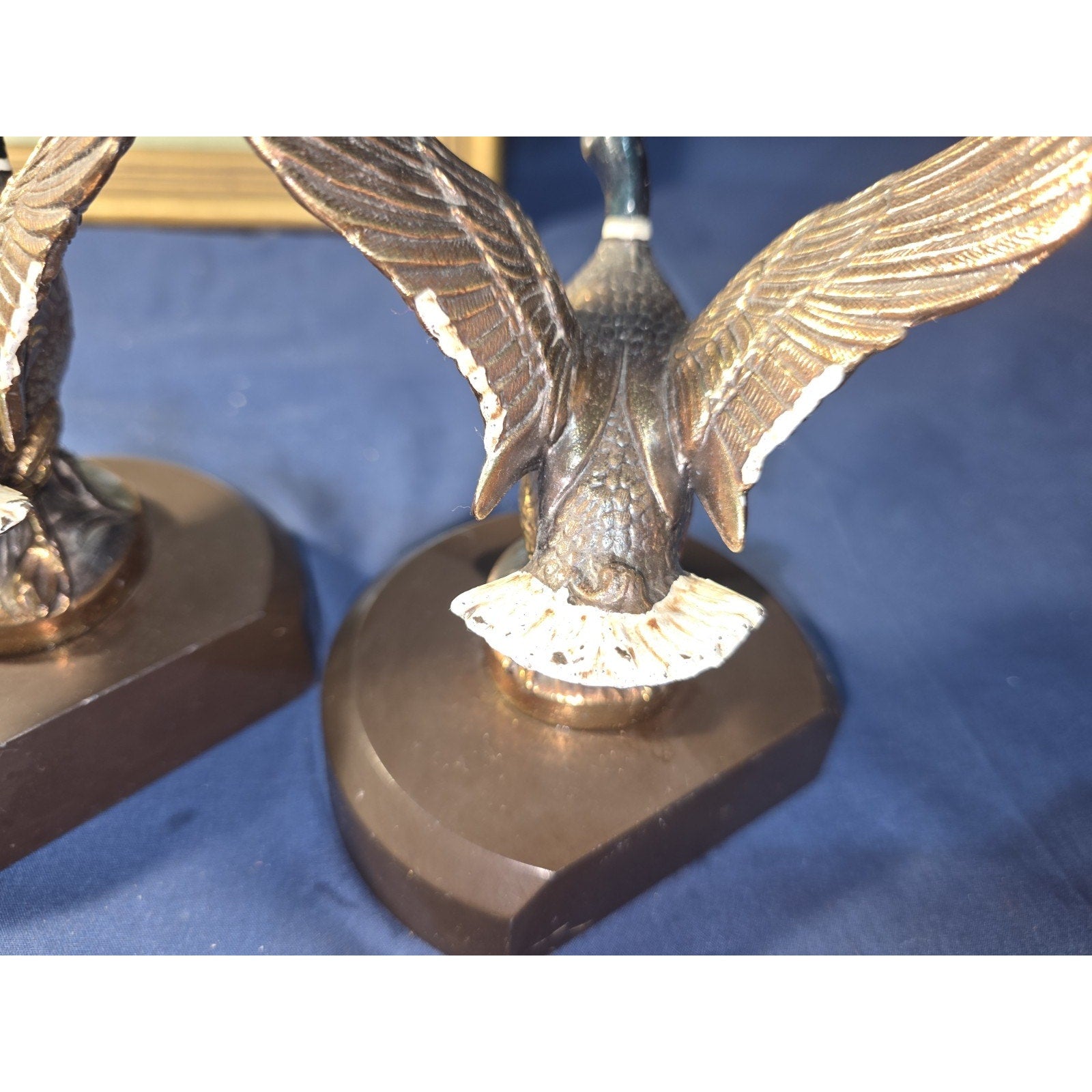Vintage Solid Brass Mallard Duck Bookends Pair MCM Heavy Flying Waterfowl Decor
